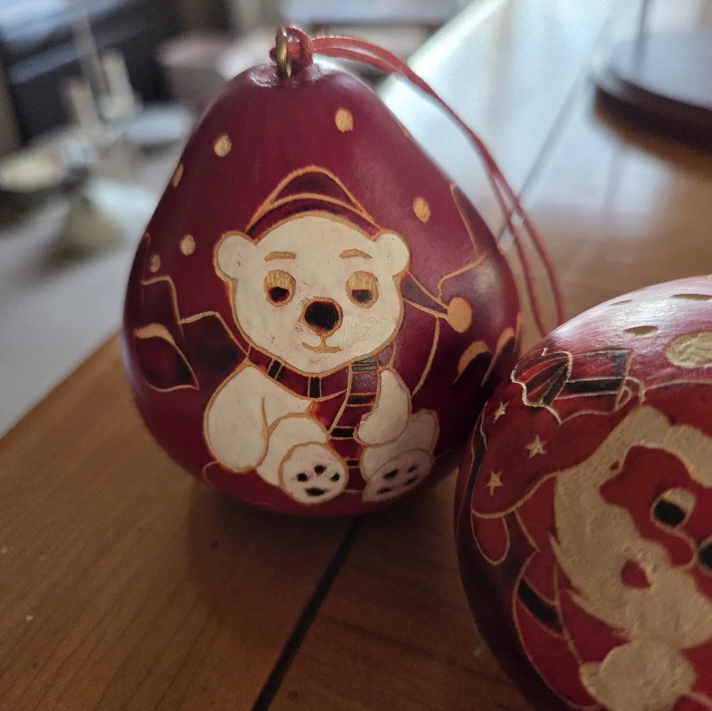 Hand Carved Dried Gourd Ornanent Trio (Polar Bear, Santa & Penguin)